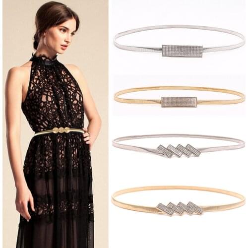New Silver Gold Metal Belt Double Ring Imitate Rhinestone Lady Waist Belt Dress Suits Elastic Thin Slim Women Belts Waistband