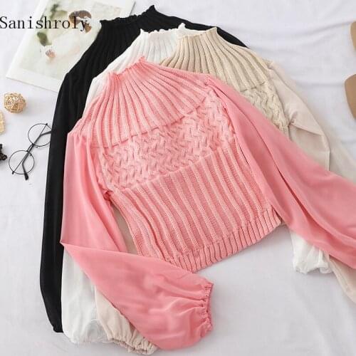 Sanishroly Women Turtleneck Knitted Pullovers Short Tops Autumn Chiffon Patchwork Sweater Female Lantern Sleeve Knitwear SE791