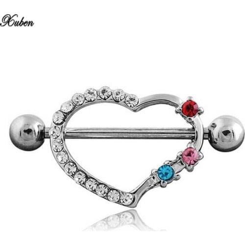 Xuben 2PC New Colorful Rhinestone Heart Shape Nipple Ring Sexy Body Piercing Jewelry Nipple Shield