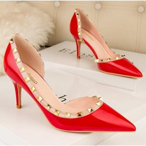 Woman stiletto Pointed shoes fashion Sexy side Hollow rivet nightclub Woman Asakuchi stilett heel Bridal Wedding shoes size34-41