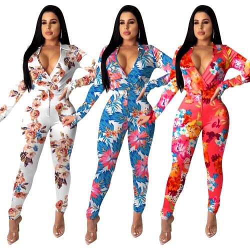 Adogirl Women Floral Print Two Pieces Set Sexy Deep V-neck Blouses Pencil Pants Suits Tracksuits Autumn Casual Women Set