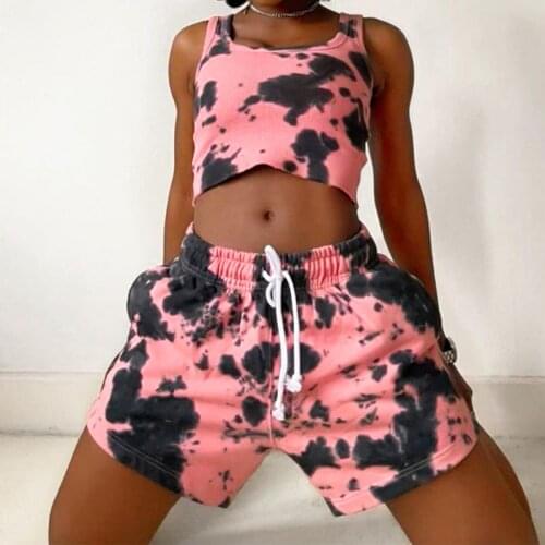 Womens Trendy Tie-dye Sporty Tracksuit Gym Fitness Summer Clothing Straps Vest And Drawstring Shorts High Fashion Athletic Suits