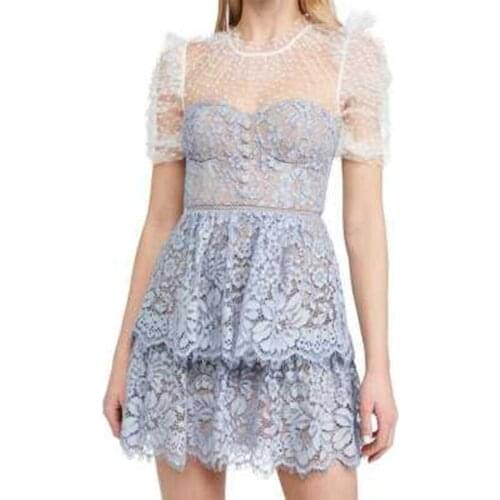 2021 High-end Custom Fashion runway Dresses Women Mesh Splicing Hook Set To Drill Waist Temperament Lace Dress