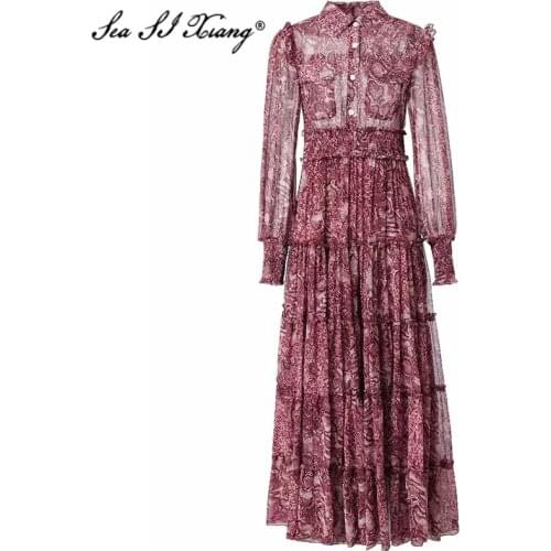 Seasixiang Fashion Designer Spring Maxi Dress Womens Lantern Sleeve Serpentine Print Ruffles Pleated Elastic waist Dresses