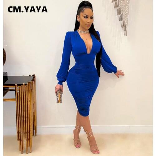 CM.YAYA Women Midi Dress Solid Full Puff Sleeve Zipper V-neck Stacked Strechy Knee Length Dresses Office Lady Streetwear Summer
