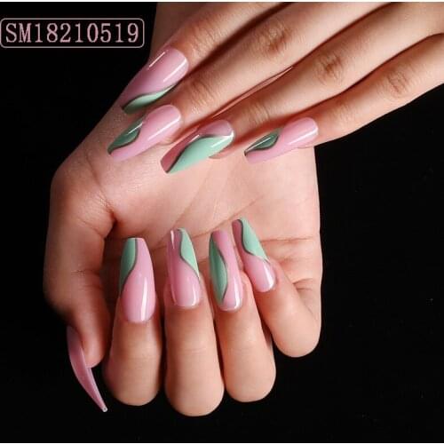 24pcs Pink Green Nail Patch Glue Type Removable Long Paragraph Fashion Manicure Save Time False Nails Patch TO