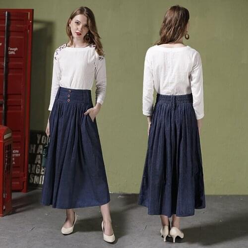 Free Shipping 2018 New Fashion Long Maxi Plus Size S-6XL A-line Denim Skirt Elastic High Waist Summer And Autumn Skirts