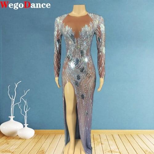 Sparkly Colorful Rhinestones Transparent Long Dress Prom Evening Sexy See Through Crystals Costume Birthday