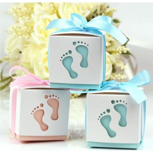 HUIRAN 10pcs Baby Footprint Paper Candy Box Gender Reveal Party Supplies Baby Shower Boy Girl Decor Favors Gifts For Guests