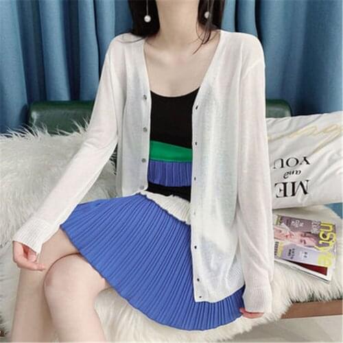 Korean Style New Cardigans Women Thin Summer Solid Sunscreen Casual See-through Long Sleeve Knitted Sweaters Womens Simple Loose