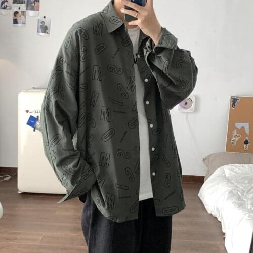 Male Streetwear Vintage Clothes Men Letter Harajuku Oversized Shirts 2021 Autumn Mens Korean Fashions Long Sleeve Shirt