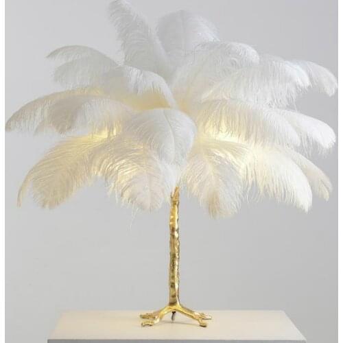 Nordic Luxury Copper Desk Lamps for Living Room Bedroom Bedside Lamp Study Book Light Ostrich Feathers Lamp Shade LED Lighting