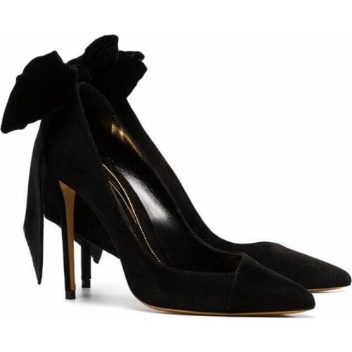 Charming Woman Back Big Bowtie Covered High Heels Pumps Black Suede Banquet Shoes Low Cut Thin Heel Pointed Toe Single Shoes