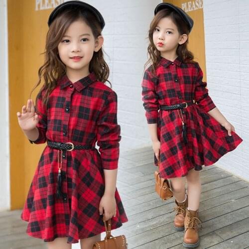 3-12Y teenager Dress spring Kids Baby Girls Red Plaid Princess Party Long Sleeve Dress Waistband Clothes Girls Dresses