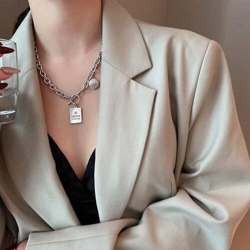 INS Harajuku Round Square Pendants Stainless Steel OT Buckle Grace Love Letter Chain Necklace For Women Men Unisex