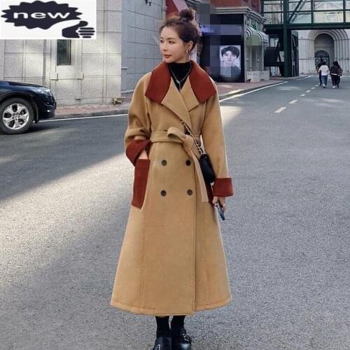 Autumn Winter New Fashion Vintage Turn-Down Collar Sashes Double Breasted Spliced Pockets Streetwear Slim Womens Woolen Coat