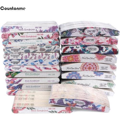 50 Pcs Wood Sandpaper Nail File Wooden Buffer 100/120/150/180/240 Strong Thick Boat/Straight Flower Printed Manicure Nail Files