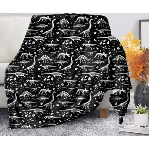 Upetstory Dinosaur Skeleton Print Fleece Plush Throw Blanket Black Cartoon Animal Quilt Sherpa Blankets for Kids Boys Gift