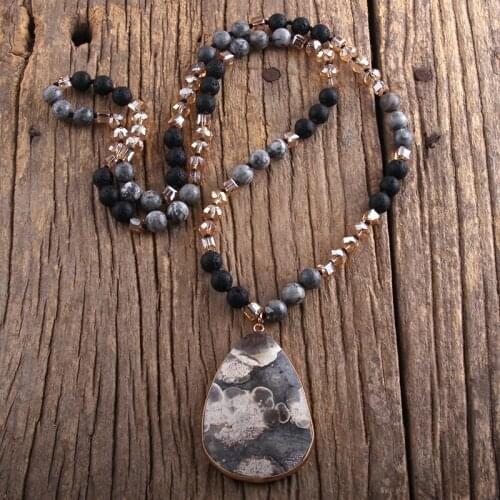 RH Fashion Boho Jewelry Natural Stones / Glass Long Knotted With Semi Precious Pendant Necklaces Women Bohemia Necklace Gift