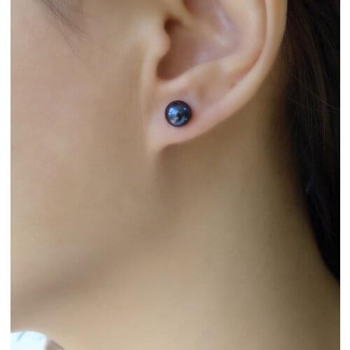 6.5-7mm Black Genuine Akoya Cultured Pearl Ear Stud Earrings 925 Sterling Silver