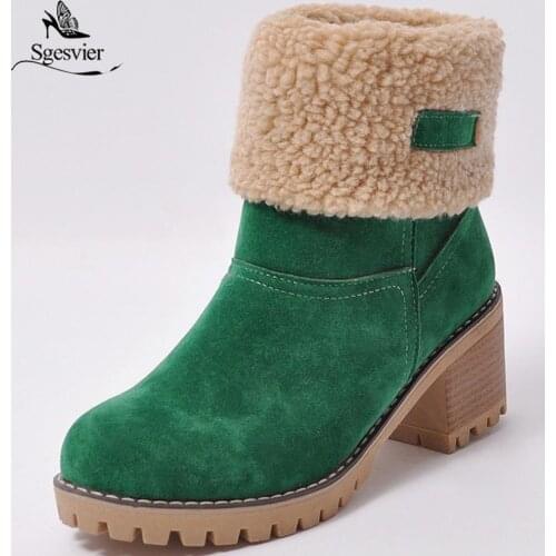 Sgesvier Women Boots Female Winter Shoes Woman Fur Warm Snow Boots Fashion Square High Heels Ankle Boots Black Green Boots OX564