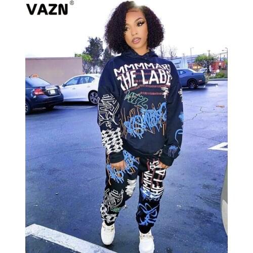 VAZN 2020 Autumn High-end Plus Size Fancy Regular Young Hooded Full Sleeve Group Long Pants Tracksuits Slim Women 2 Piece Set