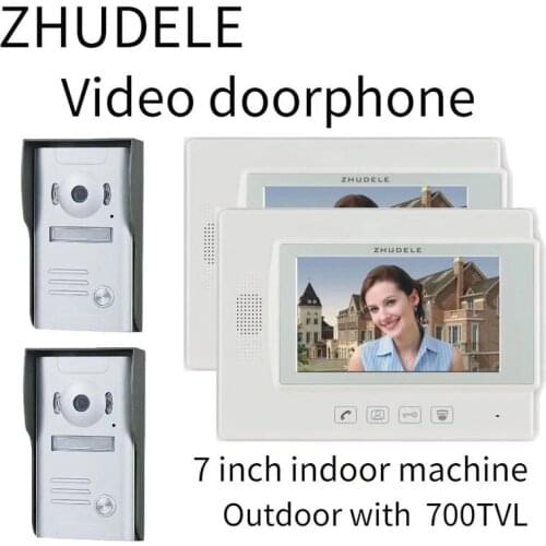 ZHUDELE Top Quality Home Security Video Intercom Doorbell System 7" Video Door Phone Kits Support extra CCTV Camera 2V2