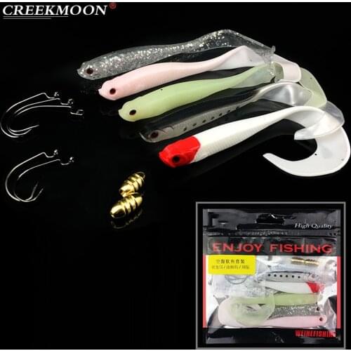 5pcs/lot Long Tail Wobbler Fish Lures Soft Bait Empty Belly Fishing Lure with Crank Hooks and Copper Sinkers Set Bass Tackle