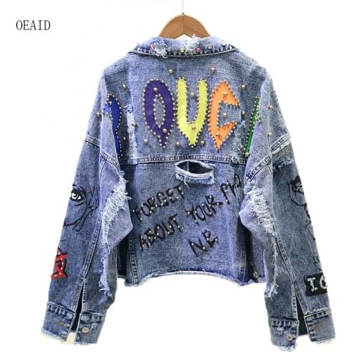 New Womens Denim Jacket 2021 Spring Female Denim Coat Outerwear Short Graffiti Rivet Girl Denim Jackets Women Coats Fashion