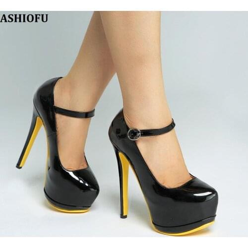 ASHIOFU Handmade Womens High Heel Pumps Patent Leather Mary Janes Dress Shoes Office Party Club Evening Fashion Court Shoes