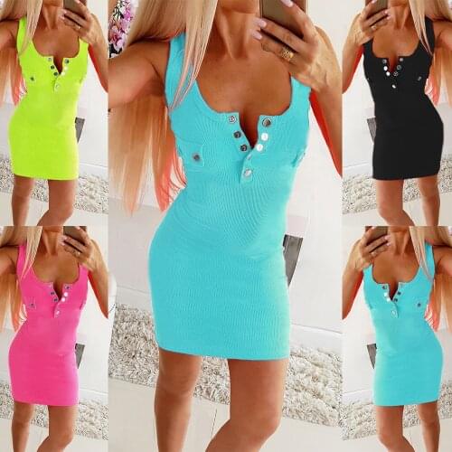Summer Dress Womens Clothing Pencil Dresses Button Decor V-Neck Sleeveless Slim Hips Mini Dress For Woman Vestidos Femme Robes