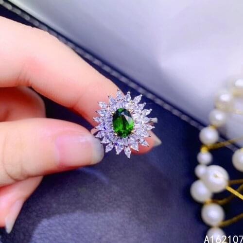 Fine Jewelry 925 Sterling Silver Inset With Natural Gemstone Womens Classic Vintage Flower Diopside Adjustable Ring Support Det