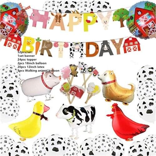 1Set Cow Pig Cake Topper Wrapper Farm Animal Banner Horse Lion Pet Walking Balloons Kids Gift Birthday Party Decoration Supplies