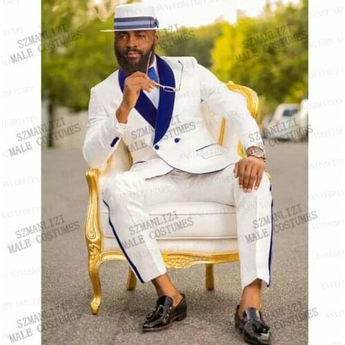 White Paisley Formal Suit Men Double Breasted Slim Fit 2021 Custom Made 2 Pieces Wedding Suit For Men Groom Suits Tuxedo