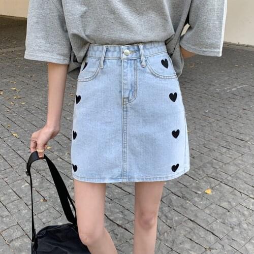 Love Embroidered Skirts Women High Waist 5 Color Denim Mini Skirt Summer New Jean Skirts School Girls