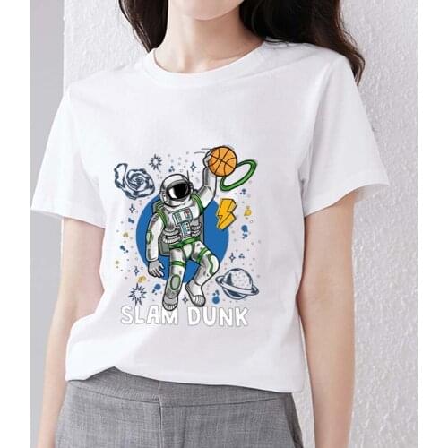 Classic T-shirt Womens Casual Slim Cartoon Fantasy Basketball Astronaut Print Series Soft O-neck Polyester Commuter Ladies Top