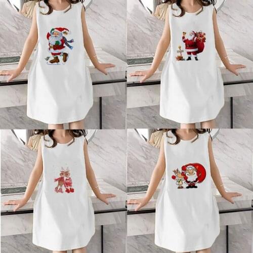 Hot Sale New Summer Girl Dress Elk Santa Print White Baby Girl Dress Child Clothes Children Dress 4-9years Christmas Nightdress