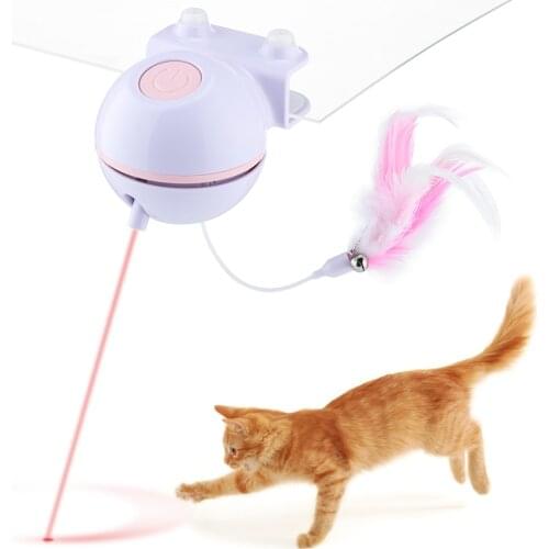 Cat Laser Toy USB Rechargeable Auto Rotating LED Flashing Ball Cats Feather Toy with Bell Interactive Training Teaser Cat Toys