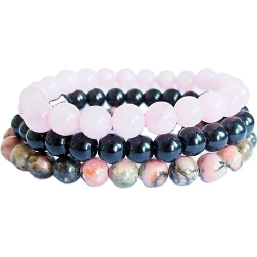 8mm Natural Stone Bracelet Sets Men Women Rhodonite Rose Quartzs Black Onyx Beaded Stackable Wrist Mala Charm Bracelets