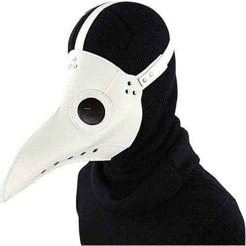 Burlesque Women/Men Cosplay Long Beak Plague Bird Steampunk Mask Rivet White PU Leather Gothic Punk Mask Halloween Costume Props