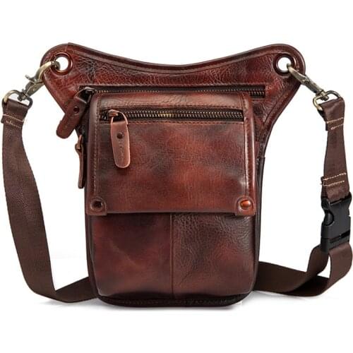 Motorcycle Leg Bag Mens Thigh Bag Genuine Leather Crazy Horse Waist Bag Travel Tool Pack Light Tea Brush off Color