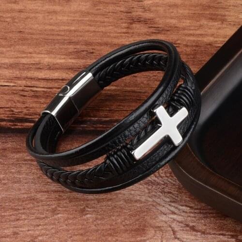 Mens Cross Bracelets Classic Design Genuine Leather Stainless Steel Magnet Clasp Charms MultiLayer Braided Hand Bracelet Homme