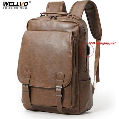 Mens PU Leather Laptop Backpack Waterproof Vintage Backpacks USB Charging Back Bags Travel School Outdoor Bagpacks Man X194C