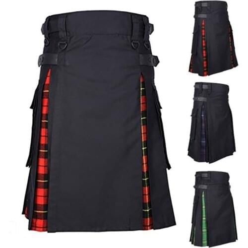 Scottish MenS Holiday Dress Plaid Pleated Skirt Red Pocket Rivet Buckle Decorative Skirt Halloween Performance Skirt Costume