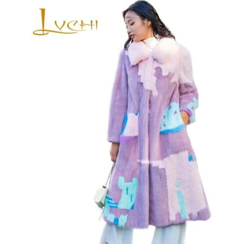 LVCHI Winter 2019 Real Mink Fur Coat Womens Long Sleeve Spliced Coat Long Patchwork Colorful Slim Mandarin Collar Mink Coats