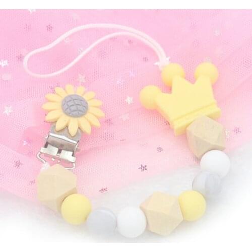 Silicone Wood Beads Pacifier Clip Chain Cute Flower Crown Pacifier Clips Soother Chew Toys Anti-Drop Chains Baby Teething