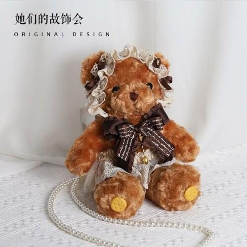 Hand-made Lolita bear bag sweet and soft girl style lo mother original cute Japanese 2021 new pearl chain messenger bag