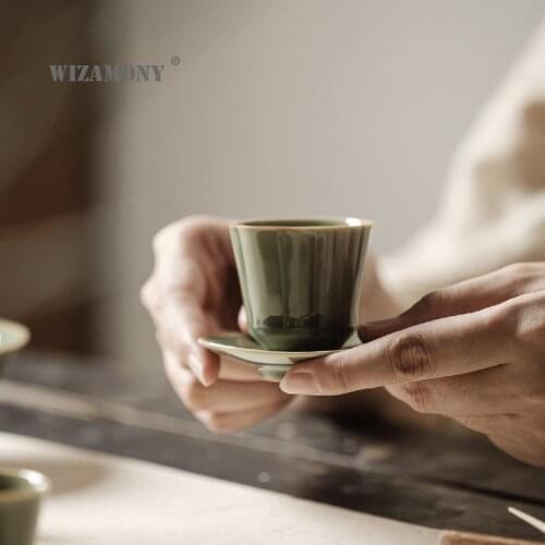 WIZAMONY Antique Yue kiln secret glaze set teacup cup pad kung fu tea set five lines of tea cup single cup tasting cup tea bowl