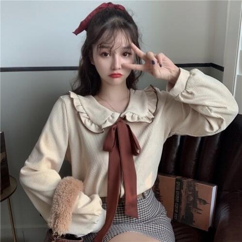 Japanese Sweety Soft Girly Autumn Shirt Sweet Peter Pan Collar Cute Bandage Bow Ruffles Full Sleeve Corduroy Loose Blouse Shirt