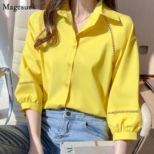 Korean Loose Lantern Sleeve Blouse Women 2021 New Cotton Hollow Fashion Shirt Turn-down Collar Solid Ladies Plus Size Tops 15051